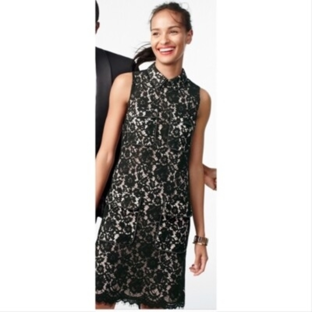 J. Crew Black Lace Dress With Nude Underlay And  4 Front Pockets Size 8